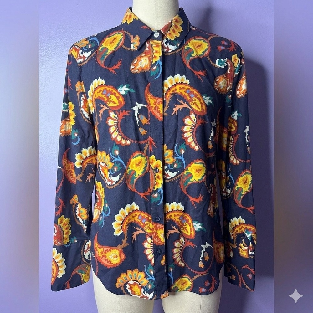 Floral Groovy Button Down Shirt Women's Size 14 Retro Mod 70s Inspired Office